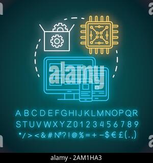 Hardware platform neon light concept icon. Electronics testing application idea. Glowing sign with alphabet, numbers and symbols. IT industry, mobile Stock Vector