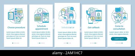 Clinic center appointment onboarding mobile app page screen with linear concepts. Five walkthrough steps graphic instructions. UX, UI, GUI vector temp Stock Vector
