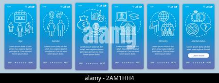 Demographics blue gradient onboarding mobile app page screen vector template. Social characteristics walkthrough website steps with linear illustratio Stock Vector