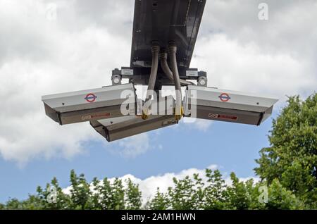 London, UK - June 22, 2019:  Closed circuit television cameras placed on a platform at Ealing Broadway station in West London. Stock Photo