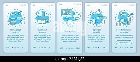 Targeting types turquoise gradient onboarding mobile app page screen vector template. Targeted advertising walkthrough website steps with linear illus Stock Vector