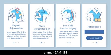 Plastic surgery center service onboarding mobile app page screen with linear concepts. Four walkthrough steps graphic instructions. UX, UI, GUI vector Stock Vector