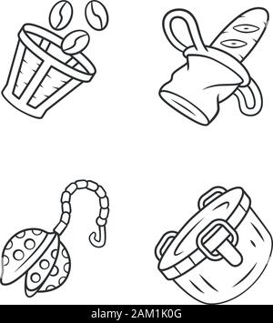 Zero waste kitchen accessories linear icons set. Reusable coffee filter, tea infuser. Canvas bag, metal food box. Thin line contour symbols. Isolated Stock Vector