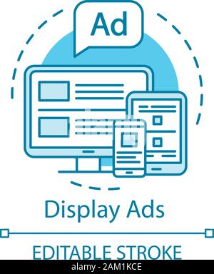 Display ads turquoise concept icon. Digital ads, online advertisement, display marketing idea thin line illustration. Marketing commercial on screen v Stock Vector
