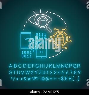 Cross platform security neon light concept icon. Information protection software idea. Glowing sign with alphabet, numbers and symbols. Cyber safety, Stock Vector