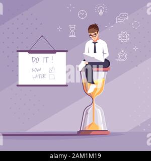 Work motivation flat vector illustration. Time management, respect deadlines. Do it now. Programmer, designer cartoon character. Young man sitting on Stock Vector