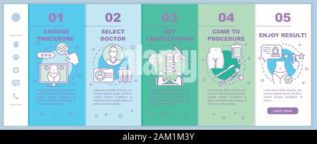 Plastic surgery center onboarding mobile web pages vector template. Responsive smartphone website interface idea with linear illustrations. Webpage wa Stock Vector
