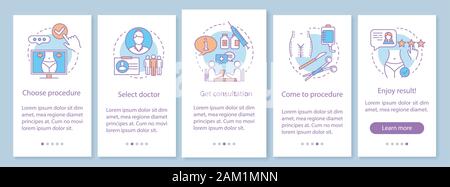Plastic surgery center onboarding mobile app page screen with linear concepts. Five walkthrough steps graphic instructions. UX, UI, GUI vector templat Stock Vector