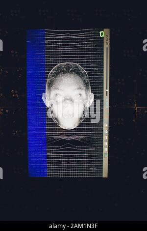 3D facial recognition data copy inside a smartphone concept. 3D hologram projection Stock Photo