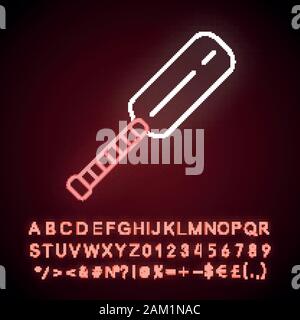 Cricket bat neon light icon. Equipment for batsmen. Wooden flat block with long handle. Sports accessory. Game gear. Glowing sign with alphabet, numbe Stock Vector