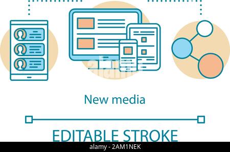 New media concept icon. Social network, media, marketing, user interface, web analytics elements idea thin line illustration. Vector isolated outline Stock Vector