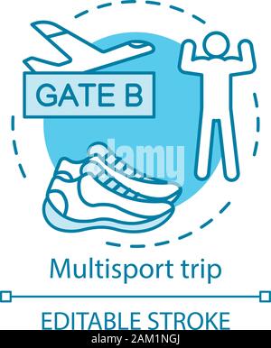 Multisport trip concept icon. Travel style idea thin line illustration. Active voyage. Vacation destinations. Extreme tourism. Vector isolated outline Stock Vector