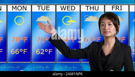 Female Asian American meteorologist gestures to weather chart, original ...