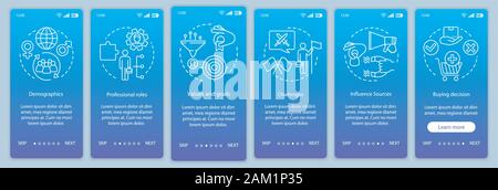 Buyer persona blue gradient onboarding mobile app page screen vector template. Human activity walkthrough website steps with linear illustrations. UX, Stock Vector