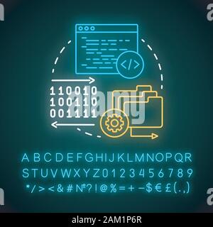 Cross platform programming neon light concept icon. Program development, software engineering idea. Glowing sign with alphabet, numbers and symbols. C Stock Vector
