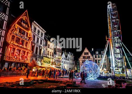 Rouen France, 23 December 2019 : Place du Vieux Marche or old marketplace illuminated at night during Christmas period in Rouen Normandy France Stock Photo