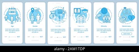 Demographics  blue gradient onboarding mobile app page screen vector template. Social characteristics walkthrough website steps with linear illustrati Stock Vector