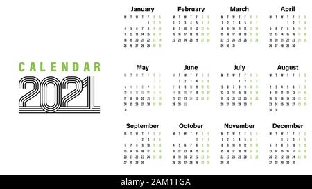 2021 Calendar template vector illustration simple design week starts on Sunday indicate weekends with green Stock Vector