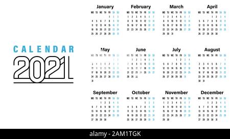 2021 Calendar template vector illustration simple design week starts on Sunday indicate weekends with blue Stock Vector