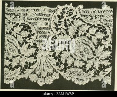 Lace, its origin and history . Real Point Qaze.. Imitation Duchesse. 24 Lace: Its Origin and History. CHARACTERISTICS OF THE DIFFERENTTYPES OF LACE. Alenqon.—A fine, needle-point lace, so called from Alencon, aFrench city, in which its manufacture was first begun. It is the onlyFrench lace not made upon the pillow, the work being done entirely byhand, with a fine needle, upon a parchment pattern in small pieces. Thepieces are afterward united by invisible seams. There are usually twelveprocesses, including the design employed in the production of a pieceof this kind of lace, and each of these Stock Photo