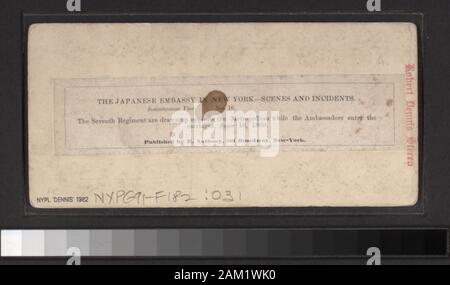 The Seventh Regiment are drawn up opposite the Metropolitan while the Ambasadors enter the carriages, June 18, 1860  Includes views by C. Bierstadt, Anthony, William Rau and other photographers and publishers. One view of the Japanese Embassy visit has a view of dog in a backyard with laundry and a fence in the background on the verso which is included in the count above. Robert Dennis Collection of Stereoscopic Views. Title devised by cataloger. Views of parades and celebrations in New York City: parade for the Atlantic Cable Jubilee, Sept. 1, 1858; Japanese embassy in New York, June 1860, in Stock Photo