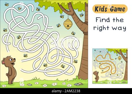 Find the right way. Funny cartoon game for kids, with solution. Vector illustration with separate layers. Stock Vector