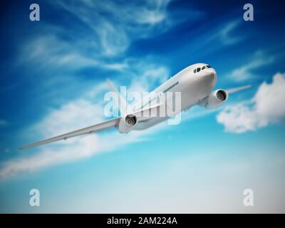 Airplane in the cloudy sky. 3D illustration. Stock Photo