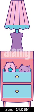 bedside table furniture with lamp and toys cat faces vector illustration Stock Vector