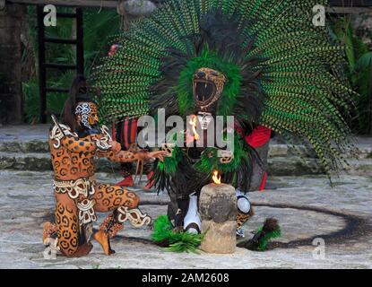 Pre-Hispanic Mayan amerindian people performance into the jungle, Mexico Stock Photo