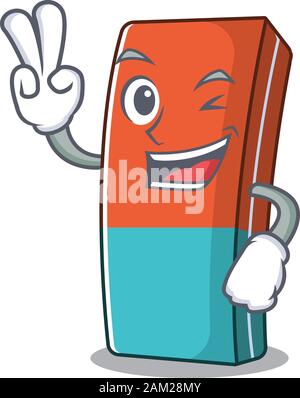 Smiley mascot of eraser cartoon Character with two fingers Stock Vector