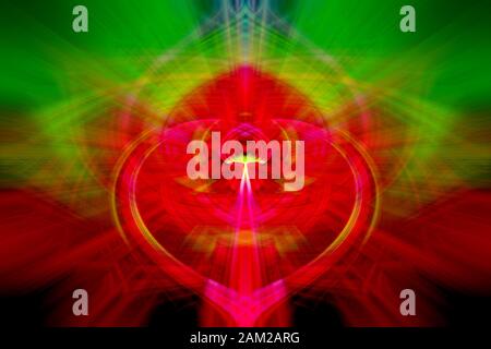 Red and green abstract background, mandala with a lot of lines and a heart shape in the middle Stock Photo