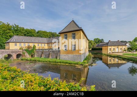 Juechen -  View from  Stronghold to Outer Bailey  with moat at Castle Dyck, North Rhine Westphalia, Germany, Juechen 25.08.2017 Stock Photo