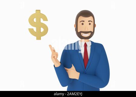 Cartoon character, businessman in suit with pointing finger at an gold dollar. Business concept money icon. 3d rendering Stock Photo