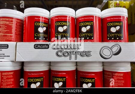 Containers of Coconut Coffee for sale in a retail store in the United States. Stock Photo