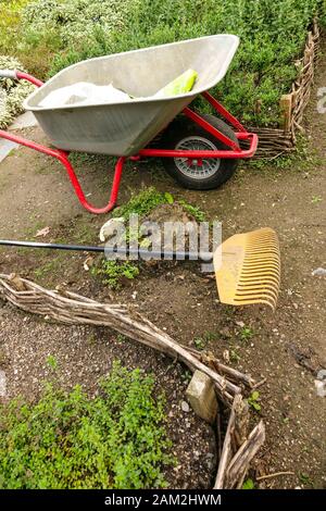Allotment garden tools Stock Photo