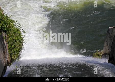 Overflow of Iskar Dam.  Lake water release. Water crisis in Bulgaria Stock Photo