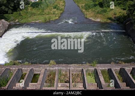 Overflow of Iskar Dam.  Lake water release. Water crisis in Bulgaria Stock Photo