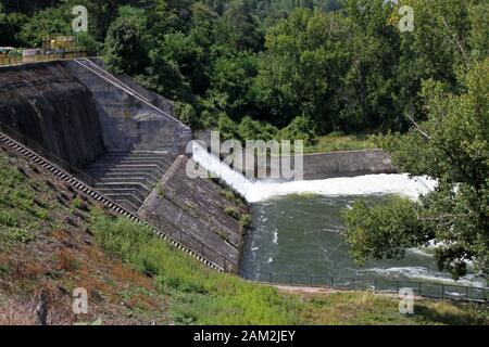 Overflow of Iskar Dam.  Lake water release. Water crisis in Bulgaria Stock Photo