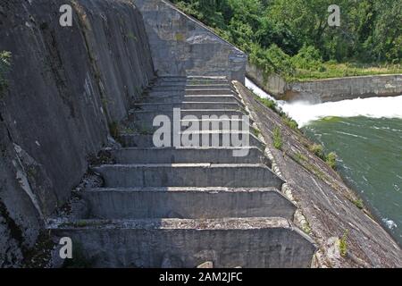 Overflow of Iskar Dam.  Lake water release. Water crisis in Bulgaria Stock Photo