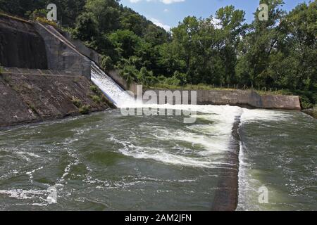 Overflow of Iskar Dam.  Lake water release. Water crisis in Bulgaria Stock Photo