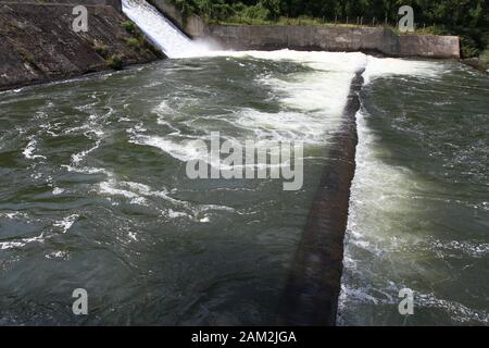 Overflow of Iskar Dam.  Lake water release. Water crisis in Bulgaria Stock Photo