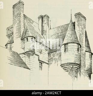 The castellated and domestic architecture of Scotland, from the twelfth to the eighteenth century . were made on the old castle, of which, however,some views may still be got where it soais above the modern work.In the View of the upper part obtained from the north (Fig. 1417),looking towards the re-entering angle, we have a good illustration ofthe Scottish style of the seventeenth century. The entrance doorwaywas probably situated beneath this, at the ground level; but all tracesof it have been removed. The walls of the ground floor are about6 feet thick, but above that level they are greatly Stock Photo