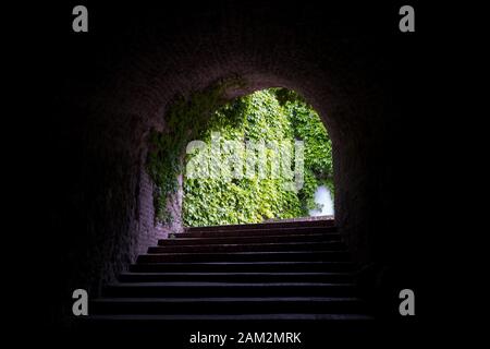 Old stone stairs to exit of an underground passage at Petrovaradin Fortress in Novi Sad, Serbia Stock Photo