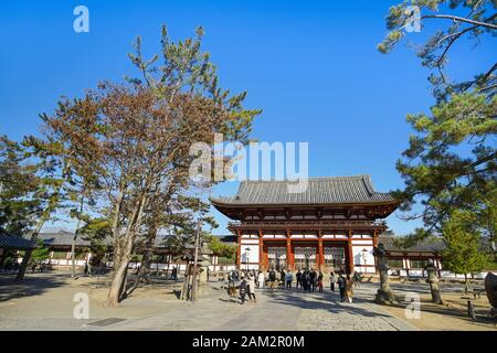 Nara, Japan - December 16, 2019 : Beautiful scene of the second Wooden gate Of Todaiji Temple, this is the most famous travel destinations of Nara cit Stock Photo