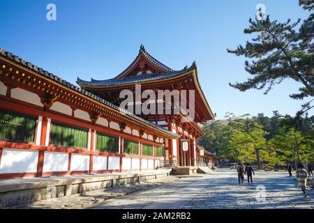 Nara, Japan - December 16, 2019 : Beautiful scene of the second Wooden gate Of Todaiji Temple, this is the most famous travel destinations of Nara cit Stock Photo