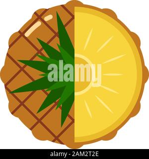 pineapple fruit sphere with half slice isolated on white background, flat icon design template logo concept Stock Vector