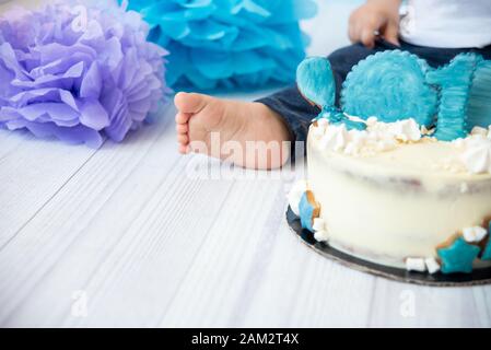 Festive background decoration for birthday with cake, letters saying one and blue balloons in studio, Boy Birthday .Cake Smash first year concept. bir Stock Photo