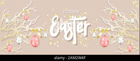 Easter and spring background. Easter lush tree. Abstract silver, pink and blue eggs. Eggs are hanging on a ribbon. Bright spring holiday composition. Stock Vector