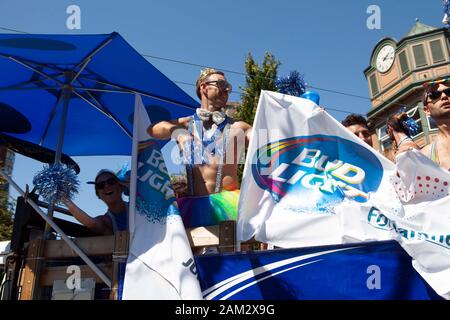 Pride parade float with participants, Vancouver Pride Festival 2014, Vancouver, Canada Stock Photo