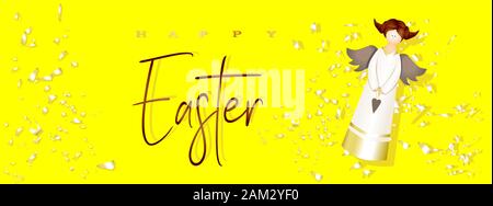Easter poster and banner template with angel on a bright yellow background. Congratulations and gifts for Easter. Promotion and shopping template. Gol Stock Vector